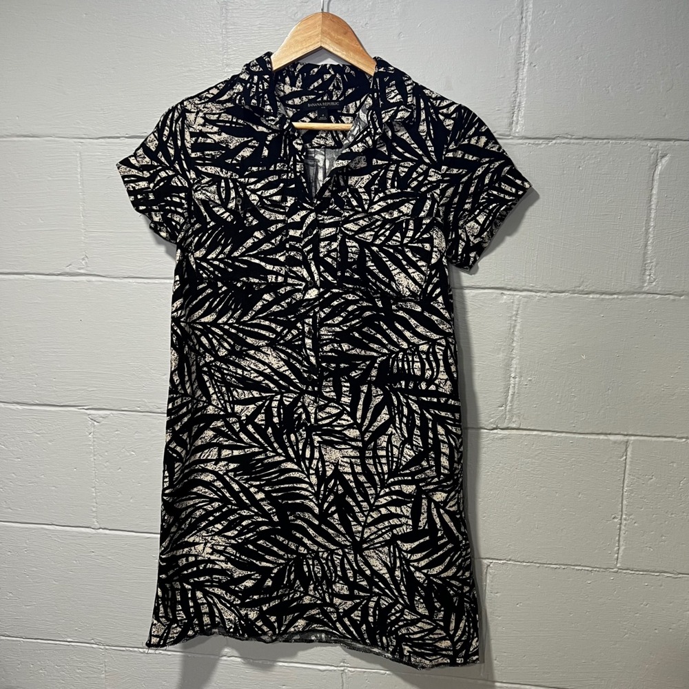 Banana Republic Linen Blend Shirt Dress Palm Print Short Sleeve Raw Hem‎ Size 4